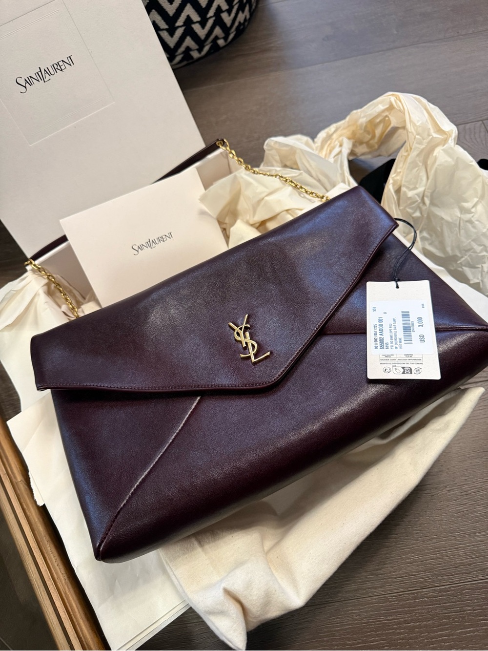 NWT (Full Inclusion) Saint Laurent Dark Burgundy Large Envelope Shoulder Bag